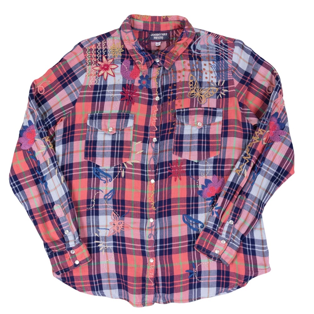 Johnny Was Workshop Western Embroidered Pearl Snap Shirt Womens S Pink Floral
